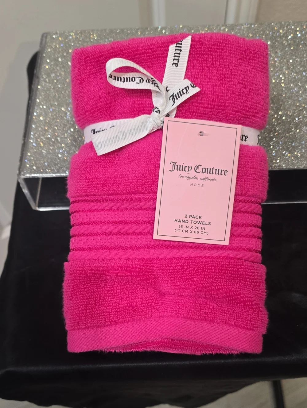 Juicy Couture Home Pink Embroidered Stripes Plush Hand Towel Set- Pink